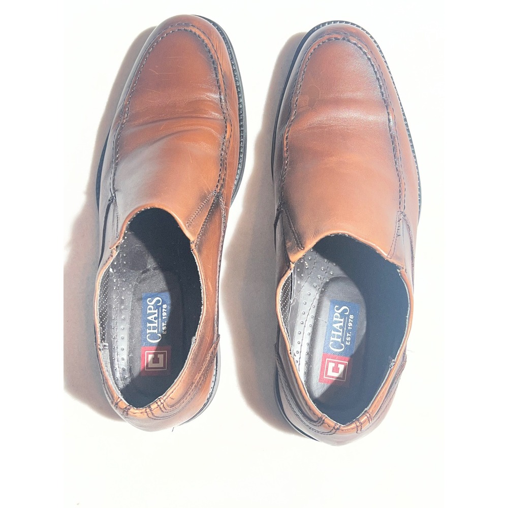 Chaps Mens 10M Brown Leather Slip On Loafers Bicycle Toe Dress Shoes 96-28732